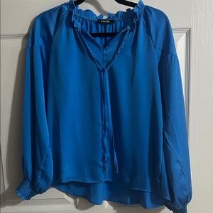 Blue Ruffle Neckline Long Sleeve Blouse‎ Flowy Top